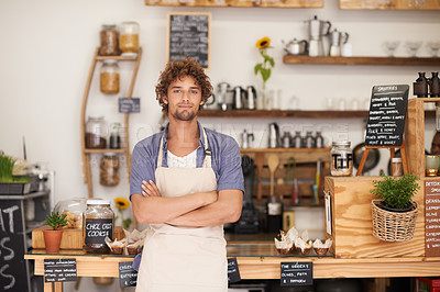 Buy stock photo Portrait, welcome and man with confidence in restaurant for service with happy small business owner. Local coffee shop, cafe or bistro manager with smile, hospitality or entrepreneur at startup store