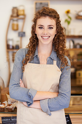 Buy stock photo Portrait, welcome and woman with confidence in bakery for service with happy small business owner. Coffee shop, restaurant or girl manager with smile, hospitality or entrepreneur at startup cafe.