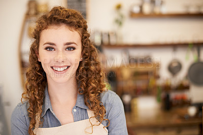 Buy stock photo Portrait, welcome and woman with smile in restaurant for service with happy small business employee. Local coffee shop, cafe or bistro manager with hospitality, bakery or waitress at startup store