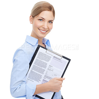 Buy stock photo Business woman, portrait and clipboard on isolated white background for cv review, recruitment or mockup job interview. Smile, happy and human resources worker with paper documents for we are hiring