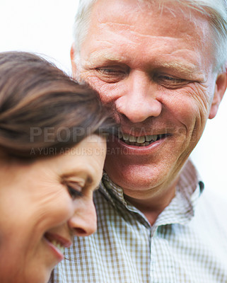 Buy stock photo Senior couple, happiness and smile with love and marriage with embrace, outdoor and joy. Retirement, elderly or face for commitment, bonding together or care for romantic relationship, man or woman
