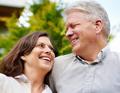 Buy stock photo Senior couple, happy and smiling in outdoor, marriage and embrace, laugh and retired. Retirement, elderly and love for commitment, bonding together or care for romantic relationship, man and woman
