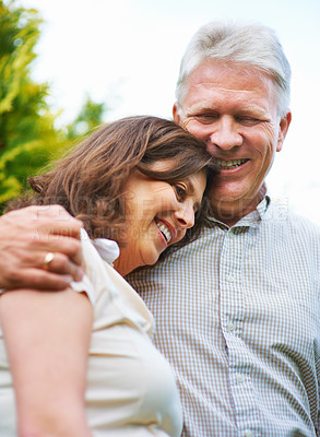 Buy stock photo Senior couple, happy and hug with outdoor and marriage with embrace, outdoor and retired. Retirement, elderly or love for commitment, bonding together or care for romantic relationship, man or woman
