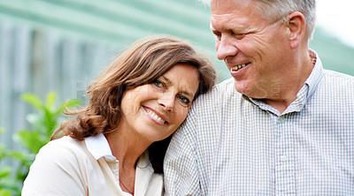 Buy stock photo Senior couple, outdoor and happy with face and marriage with embrace, smile and retired. Retirement, elderly or love for commitment, bonding together or care for romantic relationship, man or woman
