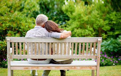 Buy stock photo Park, back view or old couple on bench for support, trust or hope in commitment together at home. Wellness, garden or senior man bonding to relax with a mature woman on anniversary for love or care