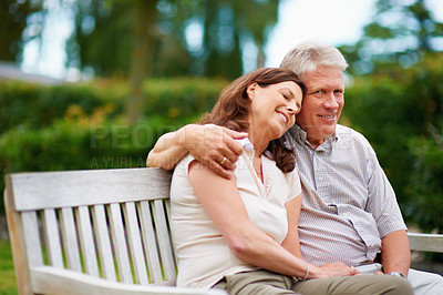 Buy stock photo Park, portrait or happy couple hug on bench for support, trust or hope in commitment together in nature. Smile, garden or senior man bonding to relax with a mature woman on holiday for love or care 