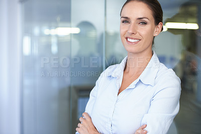 Buy stock photo Portrait of business woman with arms crossed, confidence and career in accounting office space. Financial advisor, professional accountant or finance project manager in mockup with smile on face.
