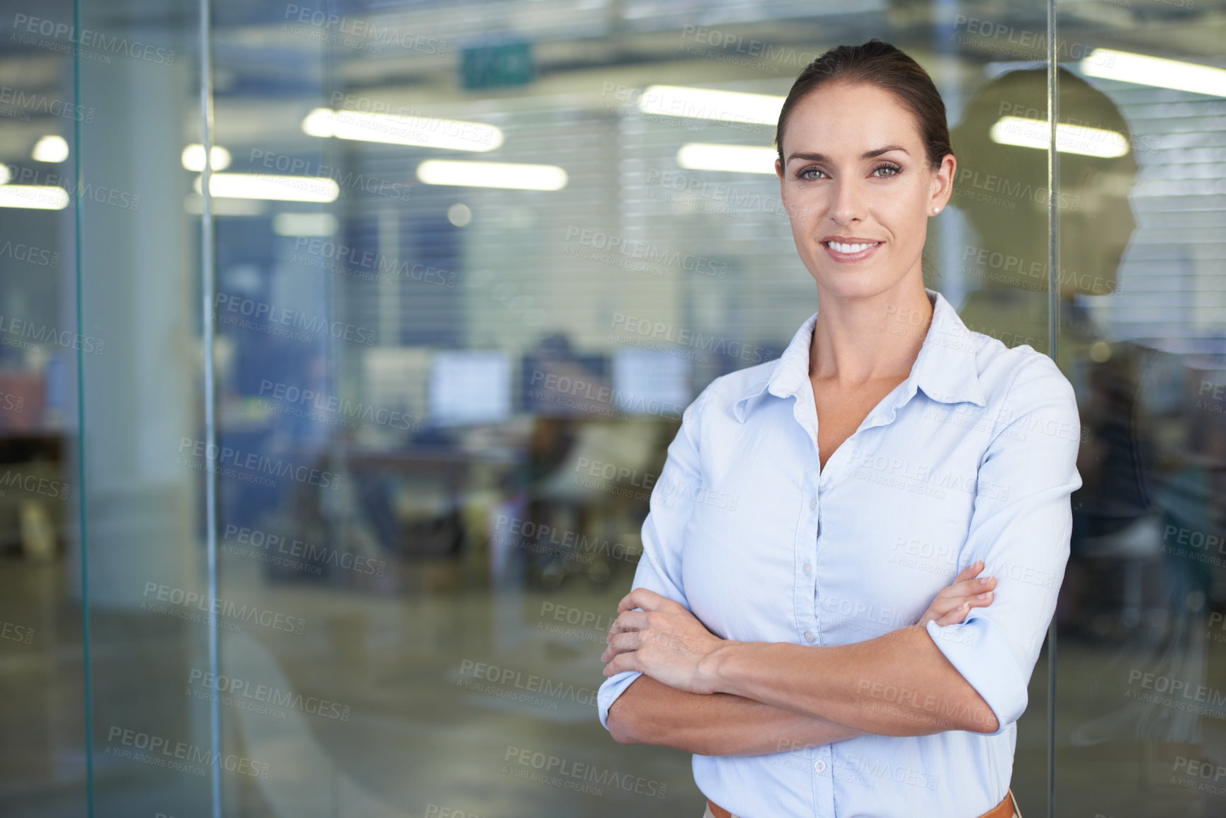 Buy stock photo Portrait of business woman with arms crossed, mockup and confidence in career at digital agency. Advisor, professional female in tech startup or project manager in office space with smile on face.