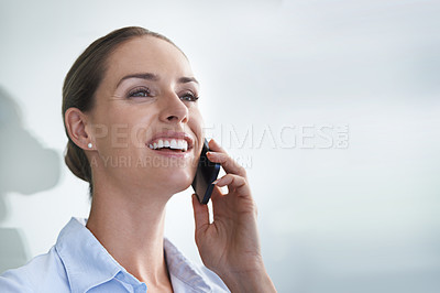 Buy stock photo Phone call, businesswoman and face or smile with communication, discussion and networking at company. Entrepreneur, person and smartphone or mock up space with happy, conversation or advice at office