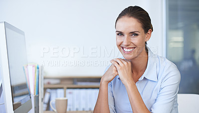Buy stock photo Portrait of business woman with smile, confidence and stock market career in modern office. Happiness pride and professional consulting manager at investment agency with job, trading and opportunity.