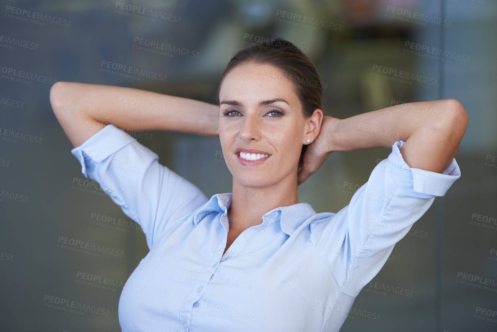 Buy stock photo Woman, office and resting for work, portrait and hands on head for relaxing, satisfied and female person. Businesswoman, smiling and worker for job, workplace and finished with company projects