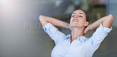 Buy stock photo Businesswoman, office and resting for work, eyes closed and professional for relaxing, satisfied and female person. Woman, smiling and comfort for job, workplace and done with company projects