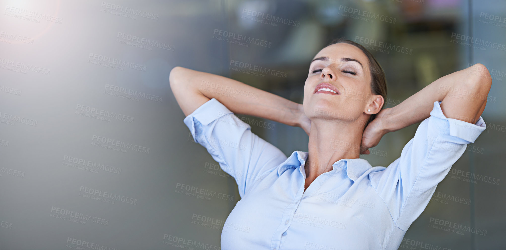 Buy stock photo Businesswoman, office and resting for work, eyes closed and professional for relaxing, satisfied and female person. Woman, smiling and comfort for job, workplace and done with company projects