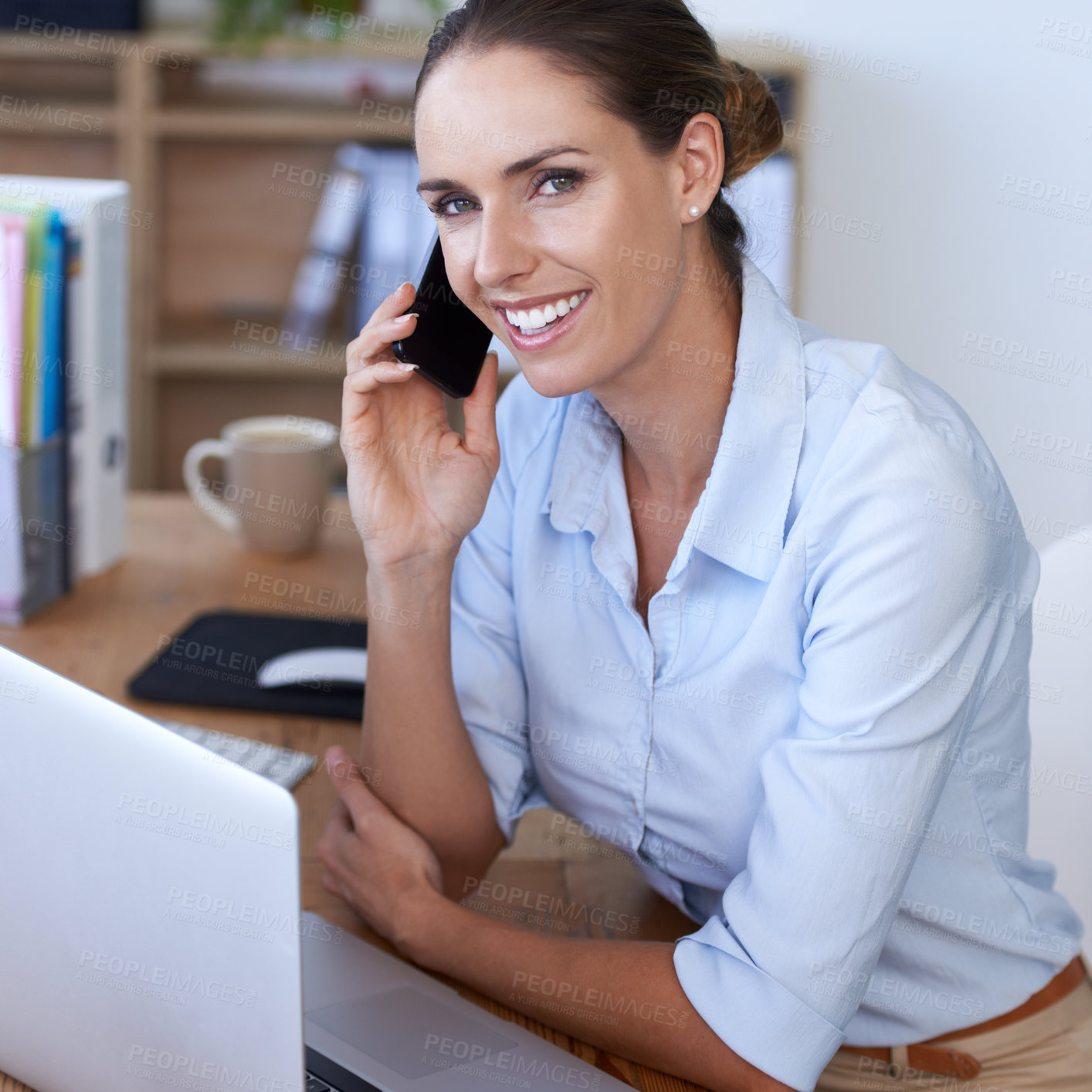 Buy stock photo Portrait, phone call and happy woman at office laptop for planning, business consulting and communication. Female worker talking on smartphone at computer, networking and mobile contact for feedback