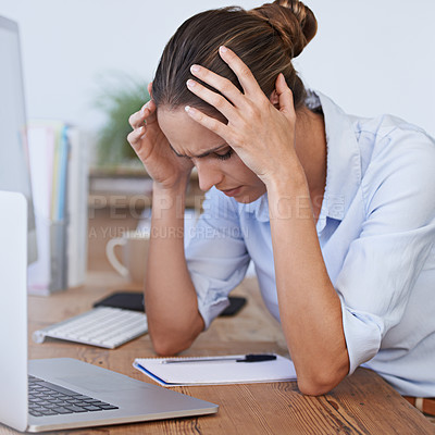 Buy stock photo Headache, stress and confused woman in office with anxiety, tax crisis and laptop problem. Tired, burnout and frustrated female employee depressed with fatigue, pain and worried for business mistake