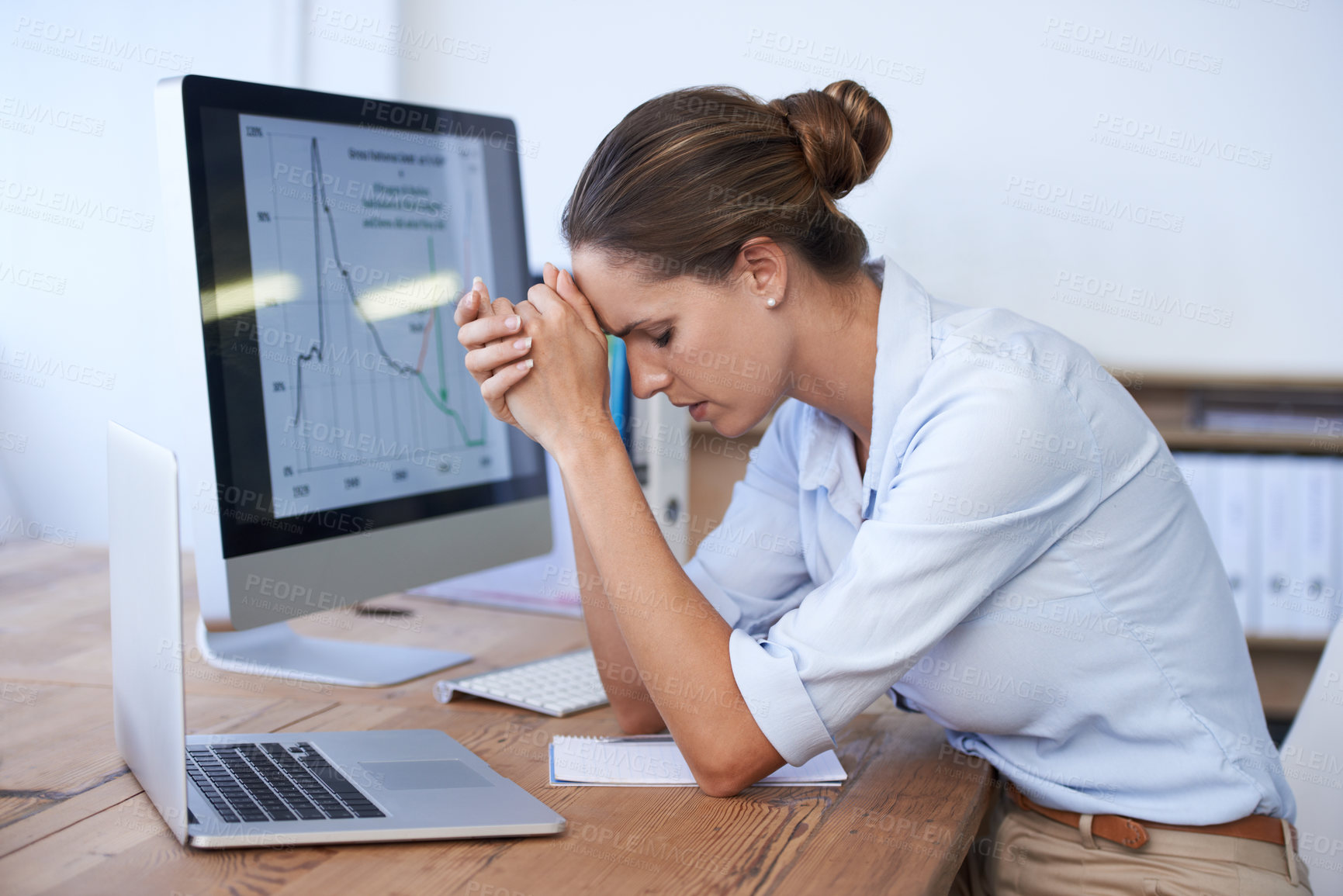 Buy stock photo Frustrated woman, computer and stress for office data, stock market crash and financial crisis review. Worried female trader at desk, pc and anxiety of bankruptcy risk, business debt and poor economy