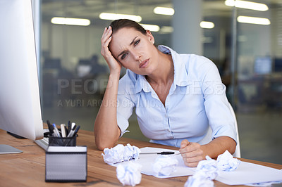 Buy stock photo Documents, portrait and business woman annoyed with accounting mistake, audit fail or bad financial results. Finance paperwork, bankruptcy and moody accountant frustrated with tax compliance problem