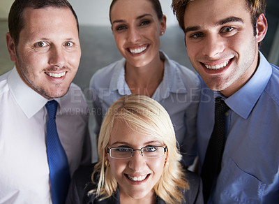 Buy stock photo Portrait, happy business people and teamwork for professional collaboration, support and commitment together. Face, smile and group of confident employees, corporate partnership and pride about us
