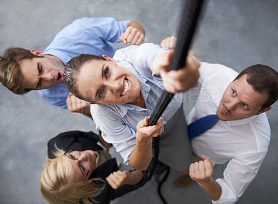 Buy stock photo Business, people or woman climbing rope for career ambition, job progress or team building collaboration. Motivation, top view and worker with determination, support and drive for service commitment