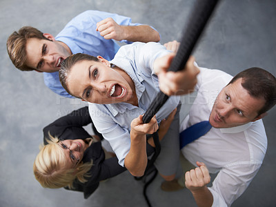 Buy stock photo Corporate, people or woman climbing rope for career goals, target or team building cooperation with workforce support. Community, top view or worker determined with hard work, effort or group mission