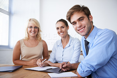 Buy stock photo Paperwork, happy and portrait of professional people teamwork on company funding plan, project or strategy. Meeting, job experience or staff cooperation on finance numbers, budget or sales folder