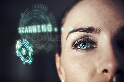 Buy stock photo Woman, biometric eye scanning and overlay for identity, hologram and facial recognition for data safety. Person, cybersecurity and closeup of face in night, iris or verification check with software