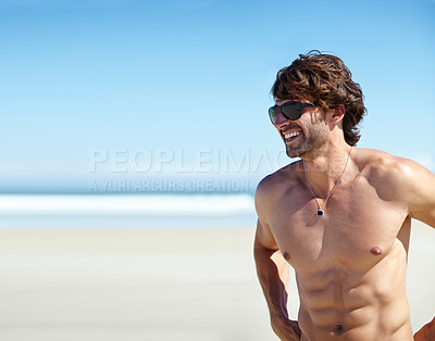Buy stock photo Man, shirtless and smile on beach for tan, outdoor recreation and vacation for summer trip and travel. Young person or male tourist and happy for bliss or enjoyment in sun for holiday break on mockup