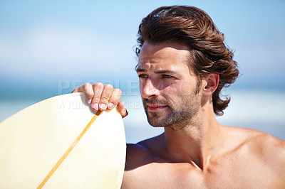 Buy stock photo Beach face, surf and sports man thinking of holiday adventure, travel vacation or nature freedom. Surfboard, wonder and summer athlete, surfer or person looking at ocean sea of tropical island coast