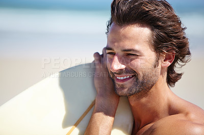 Buy stock photo Beach face, sports man and surfer happiness for holiday adventure, travel vacation or nature freedom, wellness or surfing. Surfboard, break and summer athlete, surfer or person look at ocean sea view