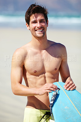 Buy stock photo Beach portrait, surfboard and happy man on sports holiday adventure, travel vacation and smile for hobby, activity or surfing. Exercise, workout or summer surfer ready for sea trip, practice or swim