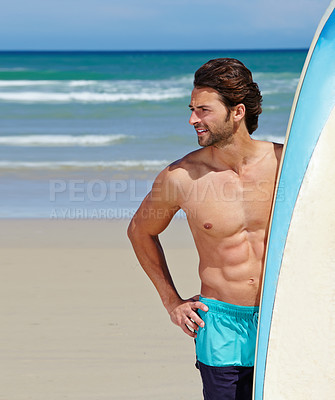 Buy stock photo Nature beach, surfboard and sports man on outdoor holiday, vacation and thinking of freedom, natural wellness or surfing. Mockup space, ocean sea waves or relax surfer looking at tropical island view