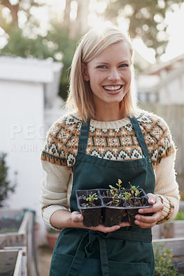 Buy stock photo Garden, happy and portrait of woman with plants for landscaping, planting flowers and growth. Agriculture, nature and person with seedlings outdoors for environment, ecology and gardening in nursery