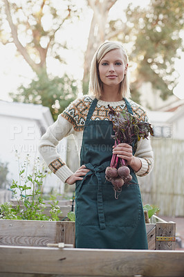 Buy stock photo Gardening, beetroot and portrait of woman with plants for landscaping, planting food and growth. Agriculture, morning and person with vegetables in backyard for environment, nursery and garden