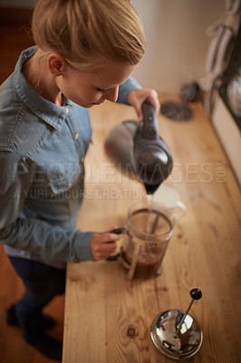 Buy stock photo Woman, coffee and french press our pour water from kettle in kitchen for morning, beverage or preparation. Female person, plunger and counter from above in apartment or caffeine, espresso or drink