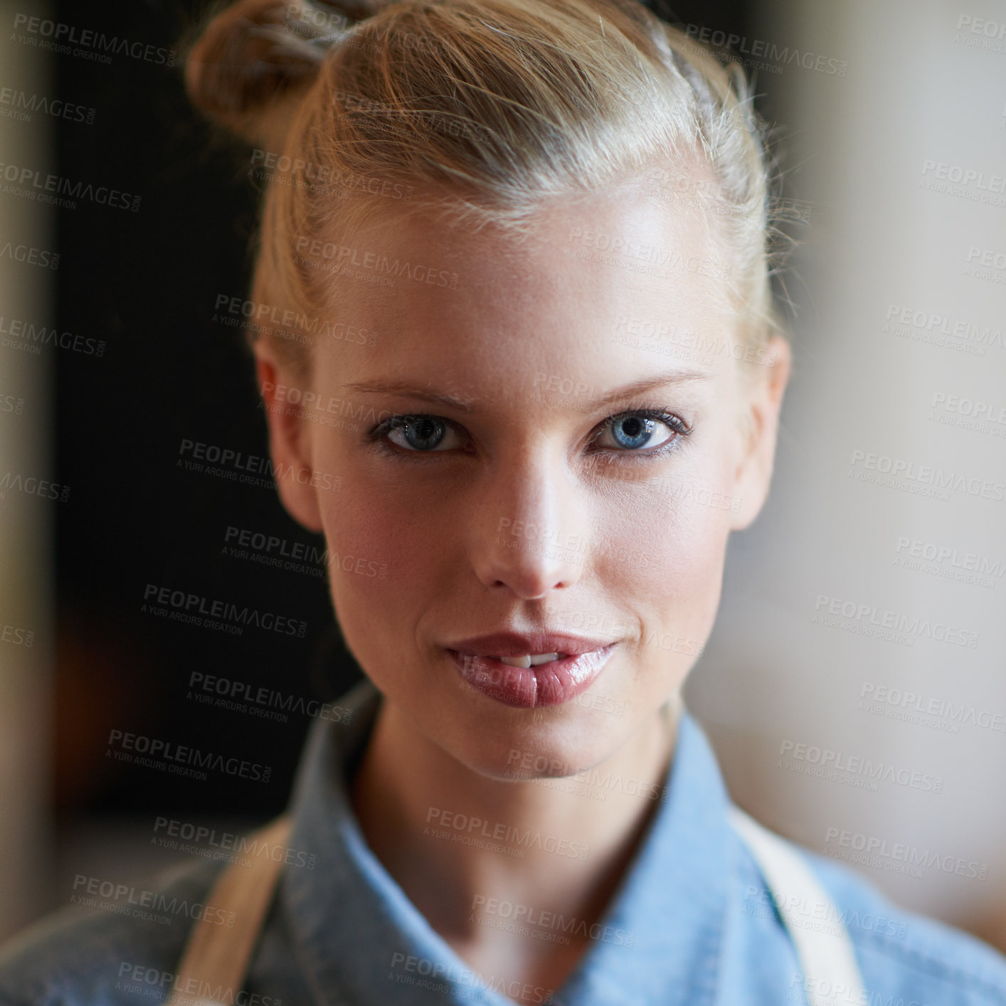 Buy stock photo Portrait, waitress and woman in a cafe as a small business owner ready for service closeup. Restaurant, face and female person in an apron with confidence and working in a kitchen for barista career