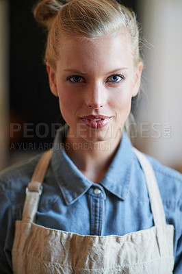 Buy stock photo Portrait, apron and a woman waitress standing waiting for customers and small business entrepreneur. Ready to serve, caffeine coffee and clients in store with a serious face and retail service