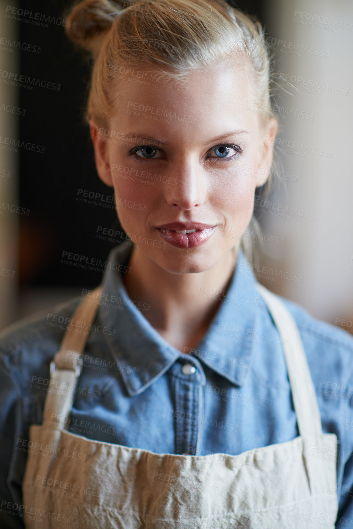 Buy stock photo Portrait, apron and a woman waitress standing waiting for customers and small business entrepreneur. Ready to serve, caffeine coffee and clients in store with a serious face and retail service