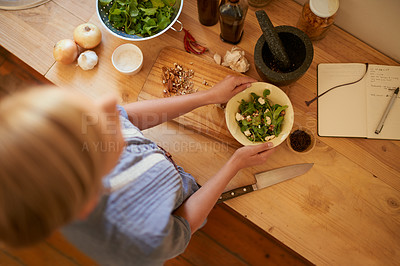 Buy stock photo Woman, hands and chop salad with knife, wellness and health in a home from above. Vegan, wood board and cooking with diet food in kitchen with vegetable ingredients for lunch recipe and nutrition