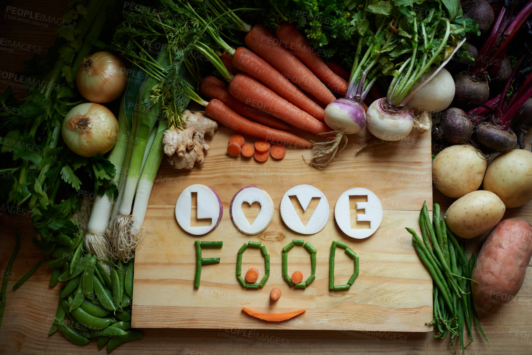 Buy stock photo Vegetables, empty and cutting board for healthy food background, cooking and preperation of soup ingredients on table. Culinary, organic and green groceries for vegan love, health and wellness above