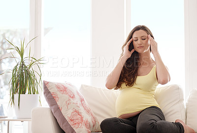 Buy stock photo Pregnant woman, headache and stress on couch in home, pain and prenatal fatigue in living room. Person, mother and anxiety with expectation, stomach and tired with migraine on lounge sofa at house