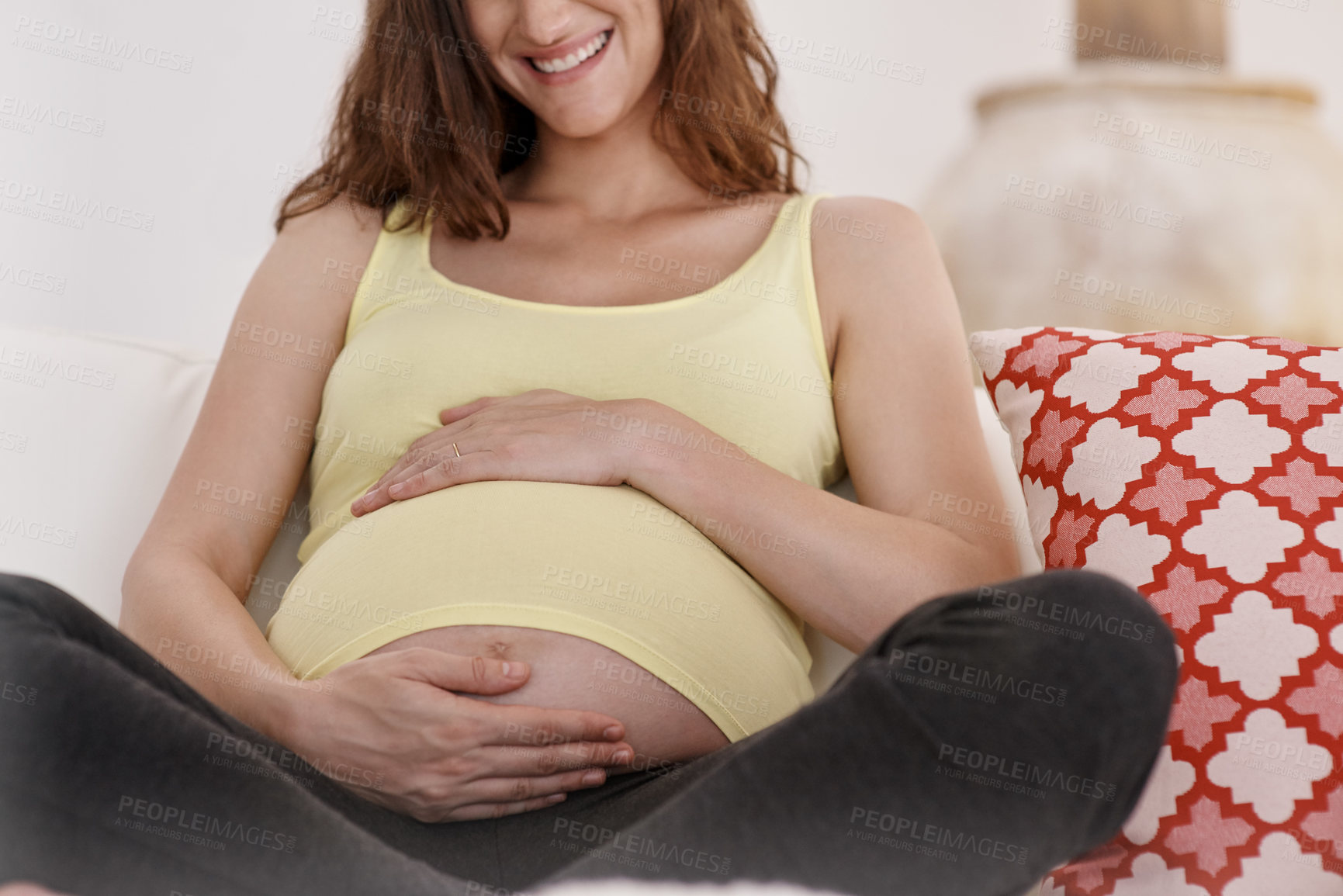 Buy stock photo Shot of a young pregnant woman in her living room