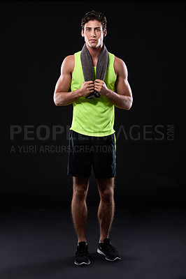 Buy stock photo Fitness, man and rest with towel after running, workout or exercise for recovery and wellness. Sports, male person or athlete and break for cardio training or marathon preparation on black background