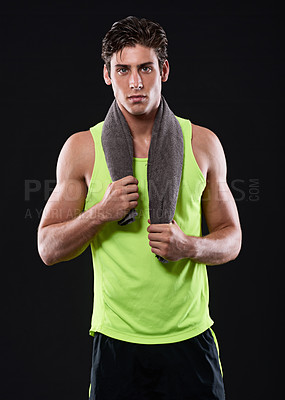 Buy stock photo Fitness, portrait and strong man in studio with towel for sweat, workout and pride for wellness. Exercise, health and athlete by black background for results, muscles and confident bodybuilder 