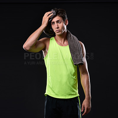 Buy stock photo Man, fitness and thinking with towel in studio for workout, exercise and confidence or pride. Wellness, health and bodybuilder with muscles, athlete and progress or performance by black background