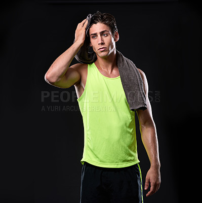 Buy stock photo Thinking, fitness and man with towel in studio for workout, exercise and confidence or pride. Wellness, health and bodybuilder with muscles, athlete and progress for performance by black background