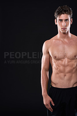 Buy stock photo Body, fitness and space with portrait of man in studio isolated on black background for health or wellness. Exercise, mockup and muscle with shirtless or strong athlete in dark for training workout