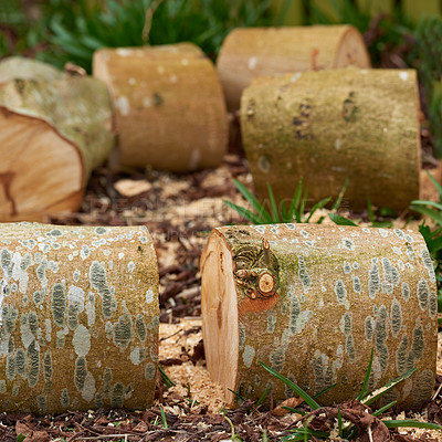 Buy stock photo Wood, tree trunk and timber on ground, circle and outdoor for fuel, heat and material for construction in forest. Pile, nature and carpentry supplier with pattern, textures and sustainable industry