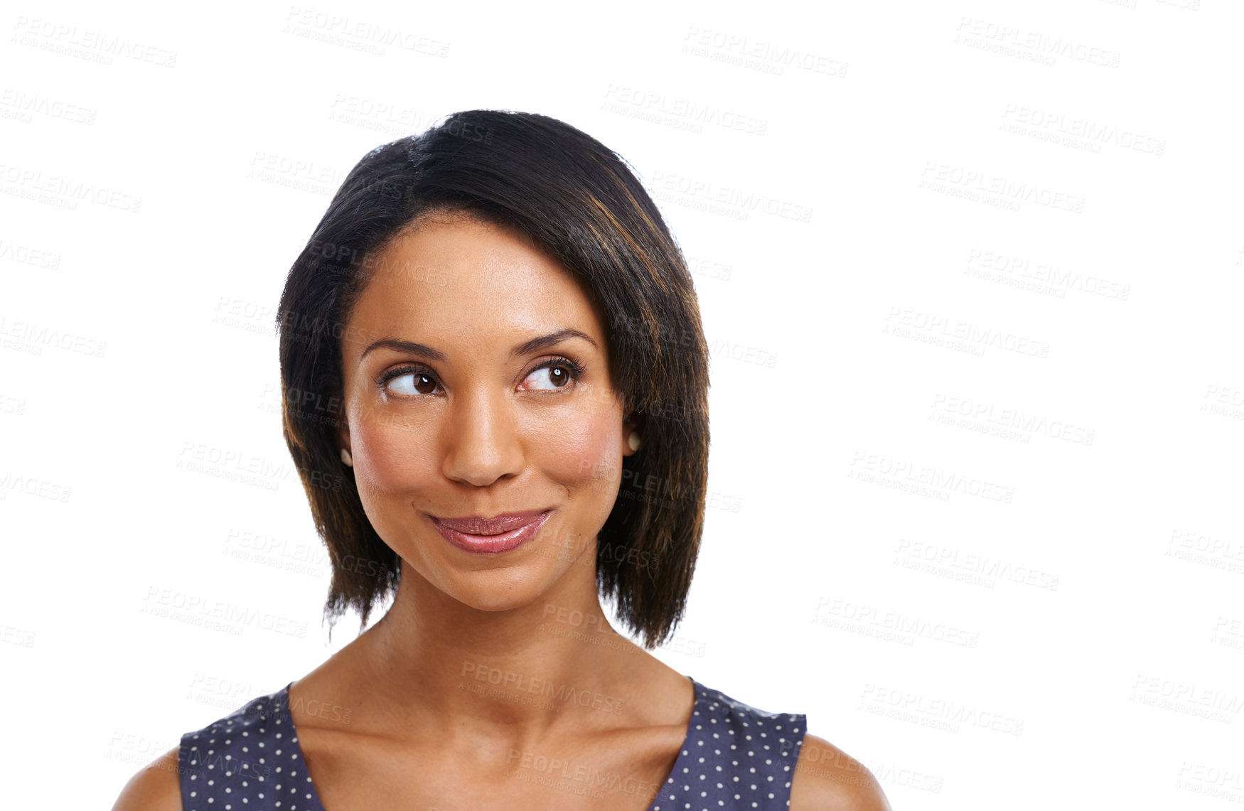 Buy stock photo Smile, black woman and thinking of decision in studio for mindset, planning or remember memory. Inspiration, solution and happy model on white background question visionary goals, daydream and mockup