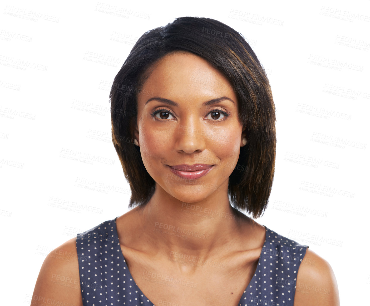 Buy stock photo Black woman, studio portrait and happy with makeup, wellness and fashion by white background. Woman, beauty model and isolated for aesthetic, makeup and happiness with glow skin, cosmetics and smile