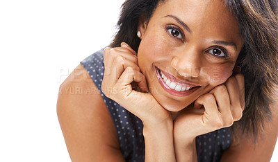 Buy stock photo Face, woman and portrait with facial and beauty for skincare, cosmetic care and makeup against white background. Wellness, smile and dermatology, natural cosmetics glow and teeth whitening mockup